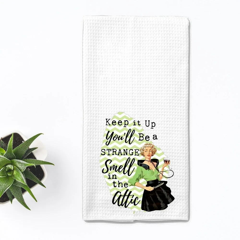 Retro Humor Waffle Weave Kitchen Towel Strange Smell in the Attic White Green